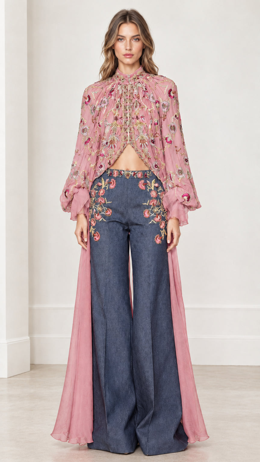 Front view of dusty pink sheer embroidered cape top with wide-leg pants