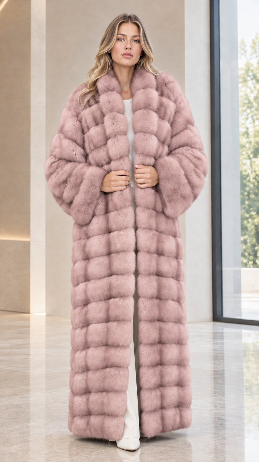 Front full-length view of woman wearing dusty pink paneled faux fur maxi coat
