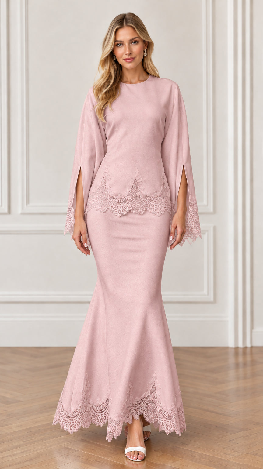 Front view of dusty pink scalloped lace slit sleeve mermaid maxi gown