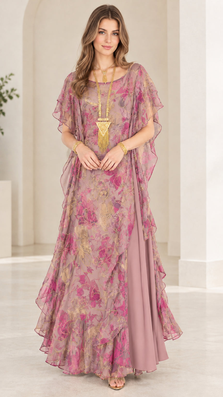 Dusty rose floral chiffon tiered kaftan maxi dress front view