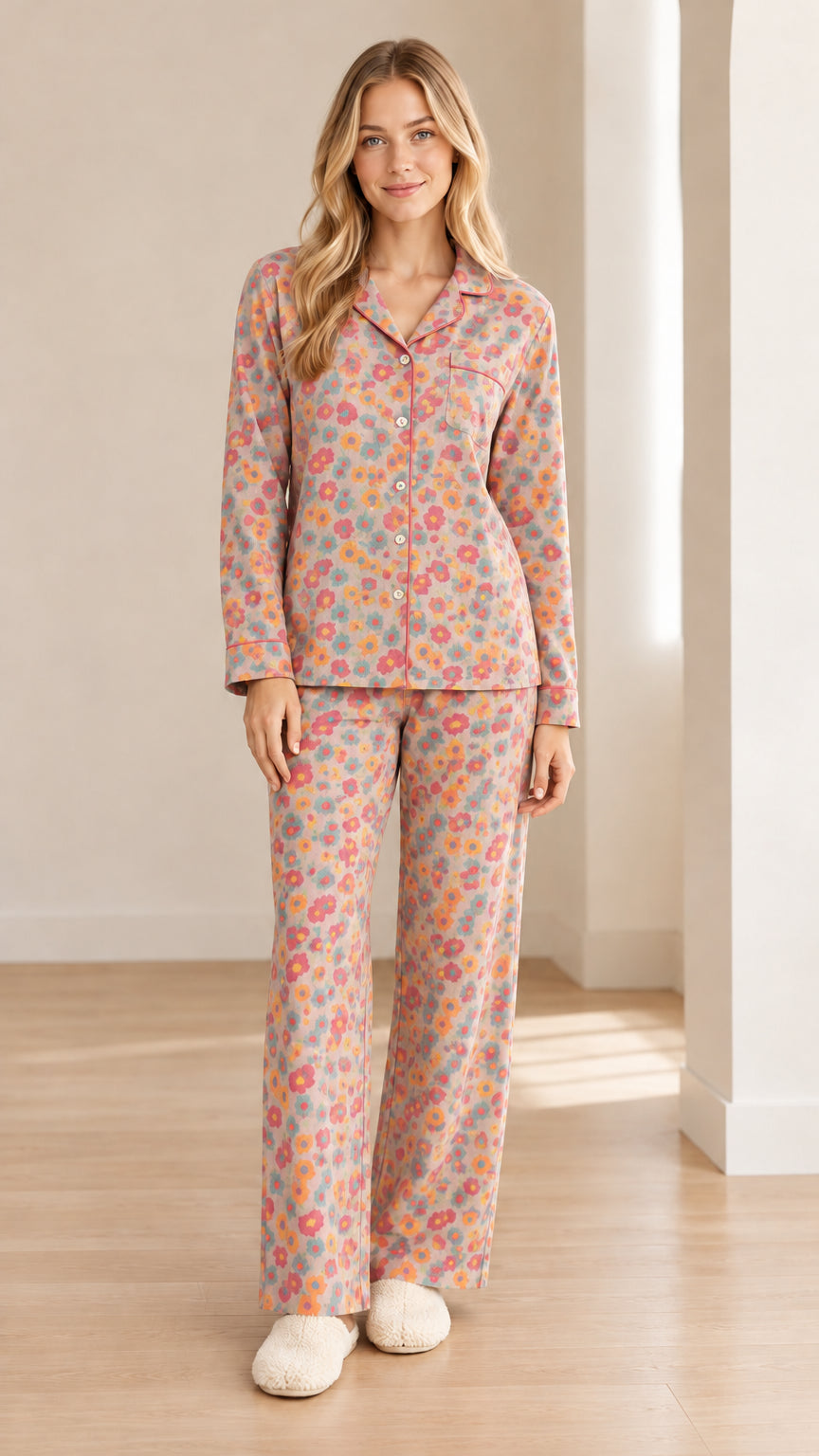 Model wearing blush pink floral long sleeve pajama set