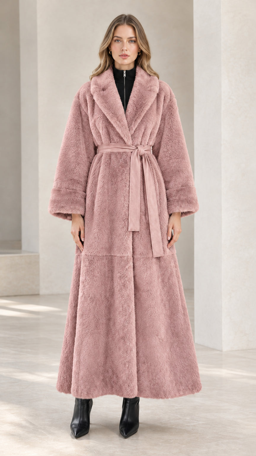 Front full view of dusty pink belted faux fur maxi coat