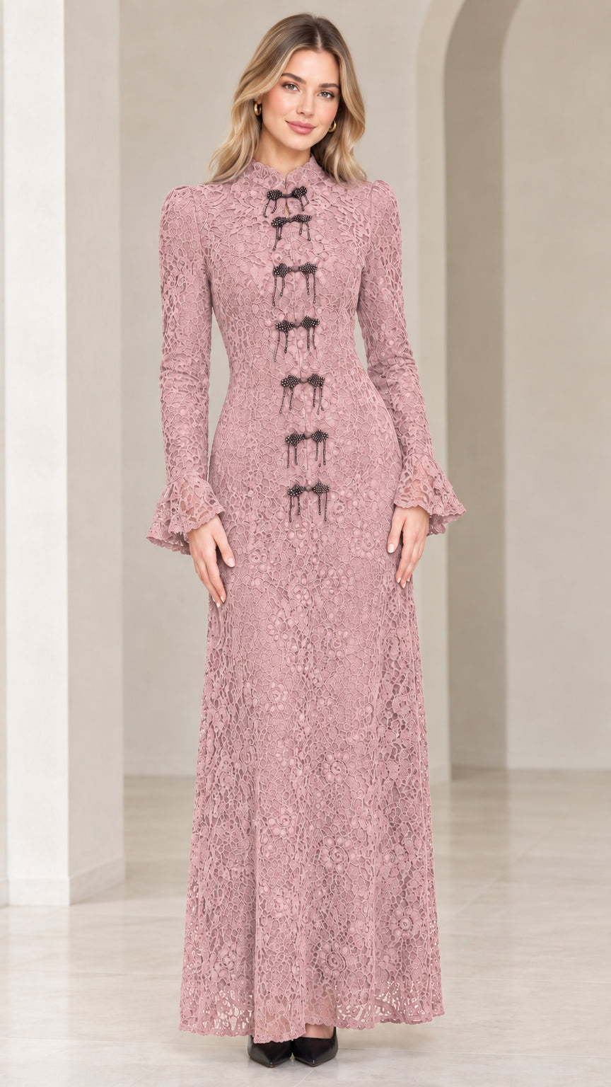Front view of model wearing dusty rose long sleeve lace maxi dress