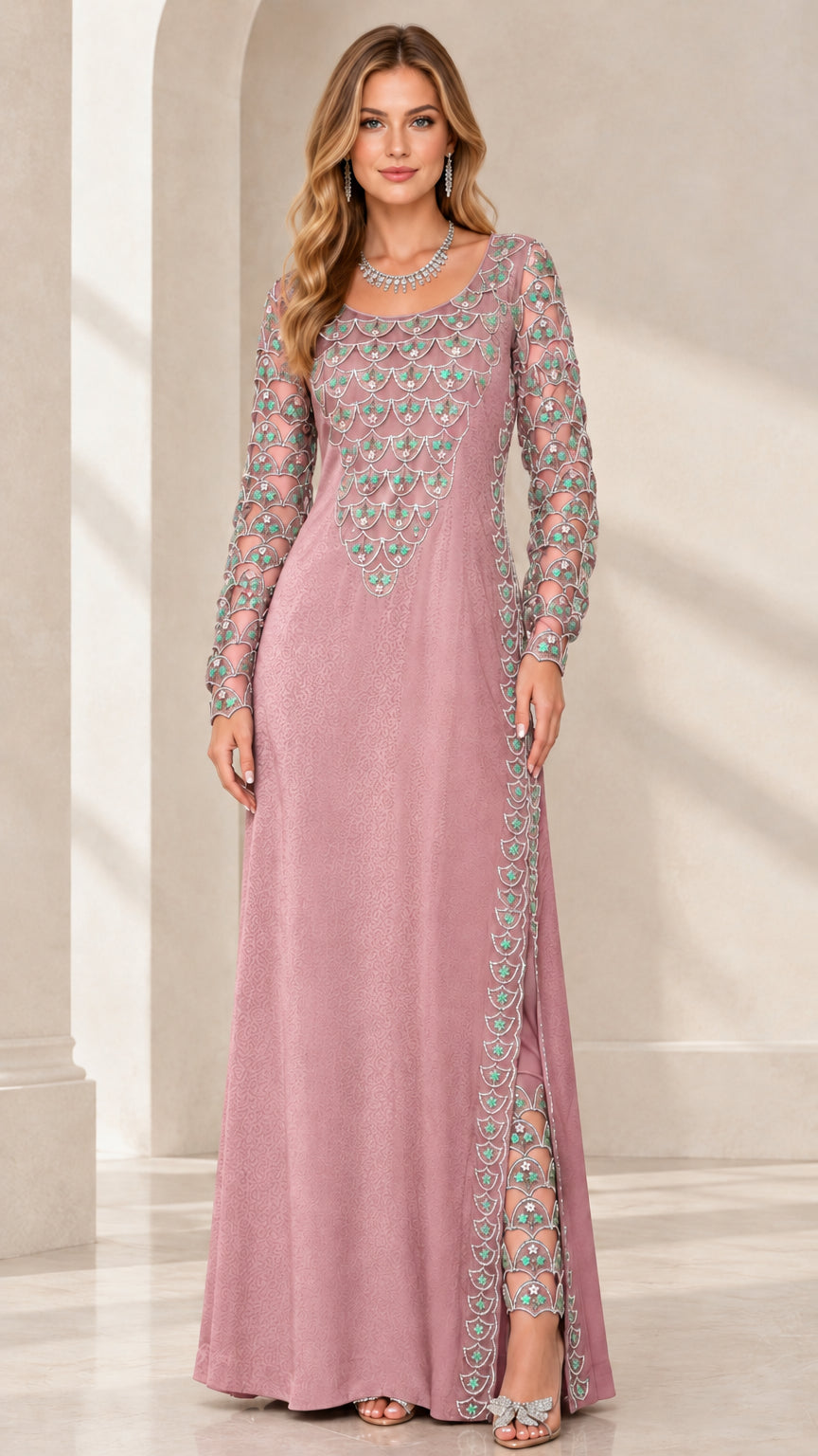 Front view of woman wearing dusty rose sequin embellished long sleeve evening gown