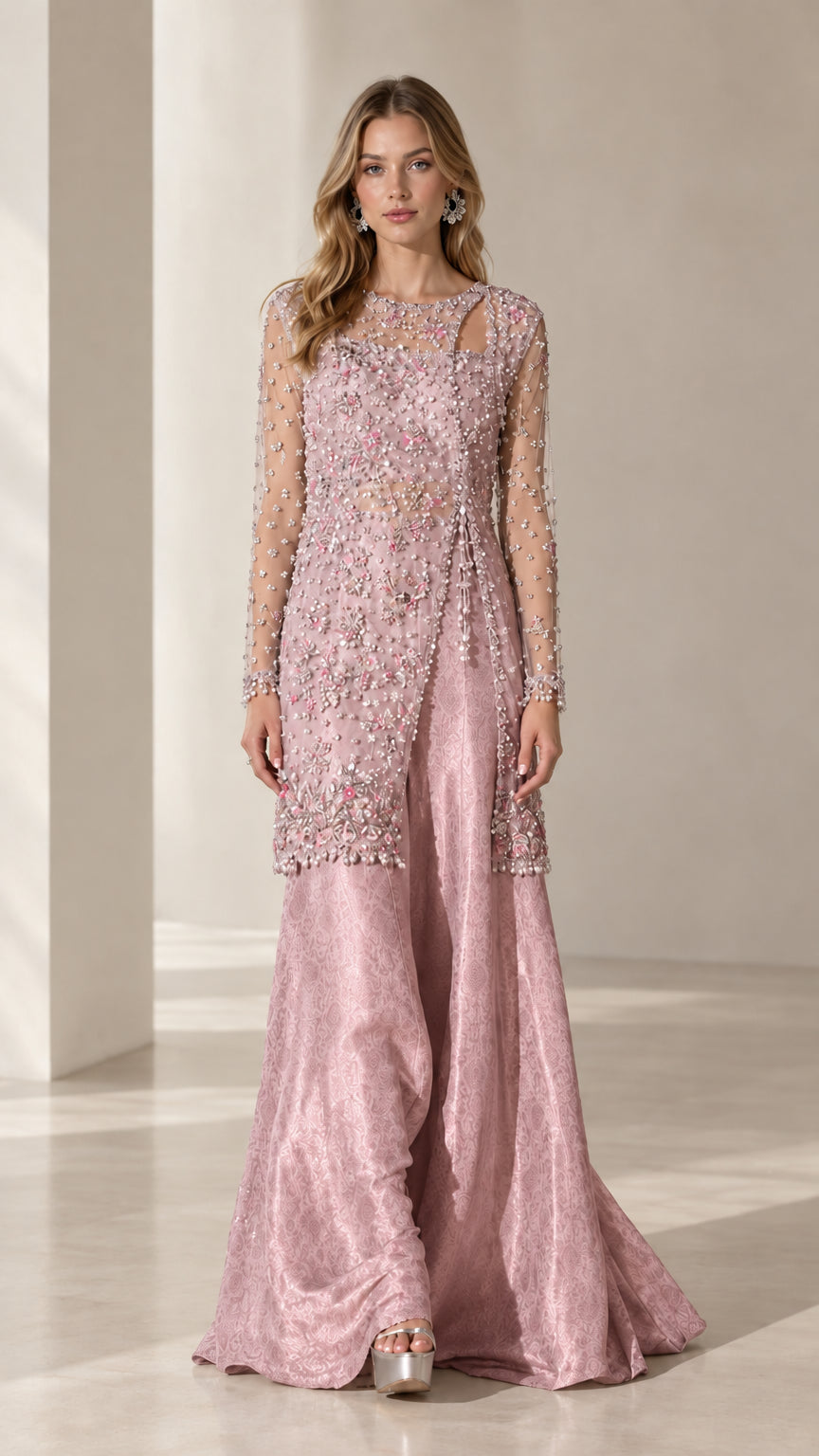Model wearing dusty pink beaded asymmetric tunic and wide-leg evening trousers
