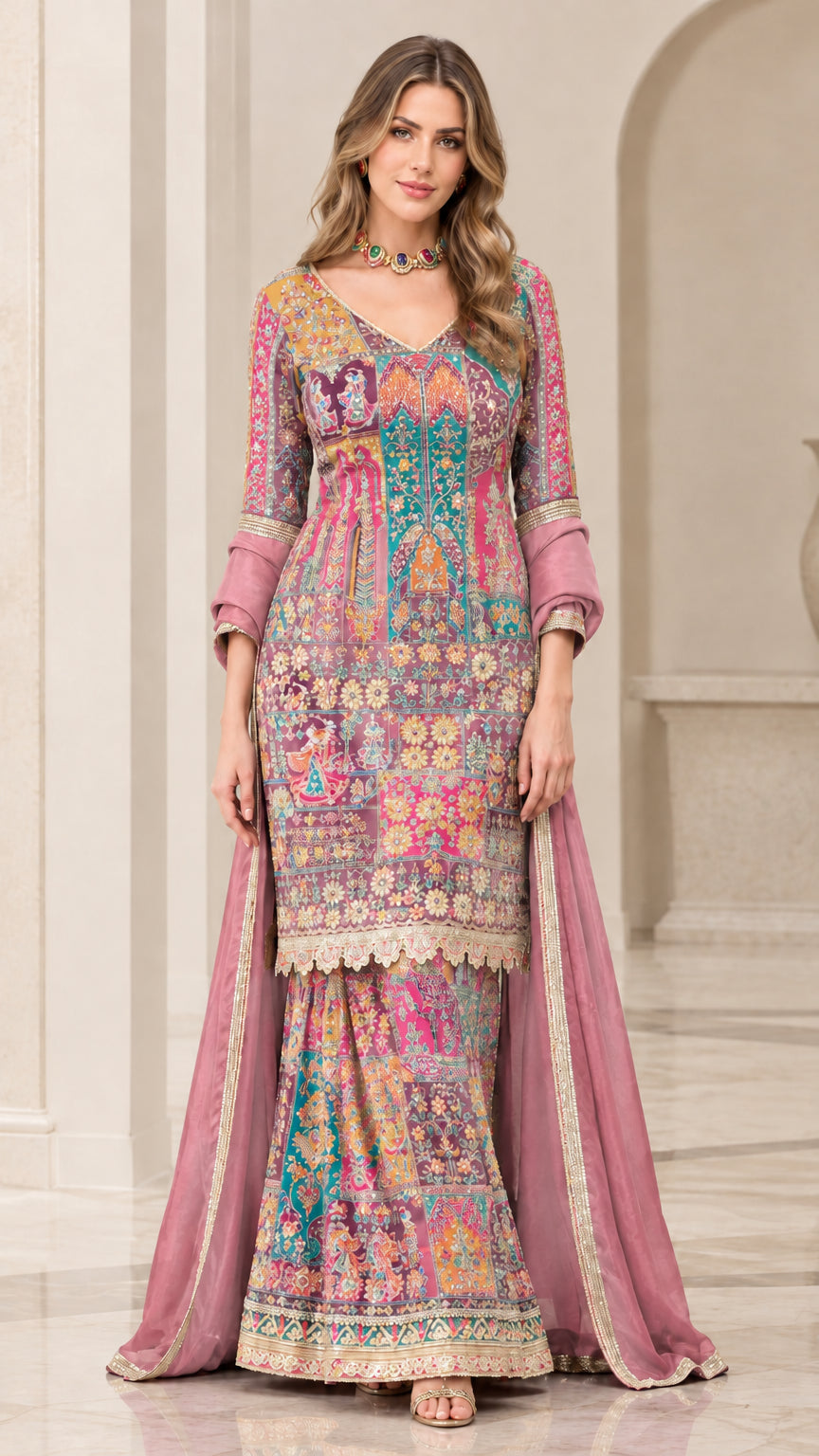 Dusty pink color variant of embroidered printed sharara suit set with dupatta