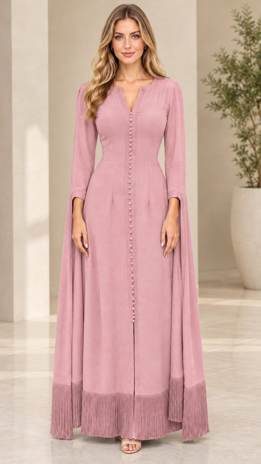 Dusty rose modest evening maxi dress with slit sleeves and fringe bottom