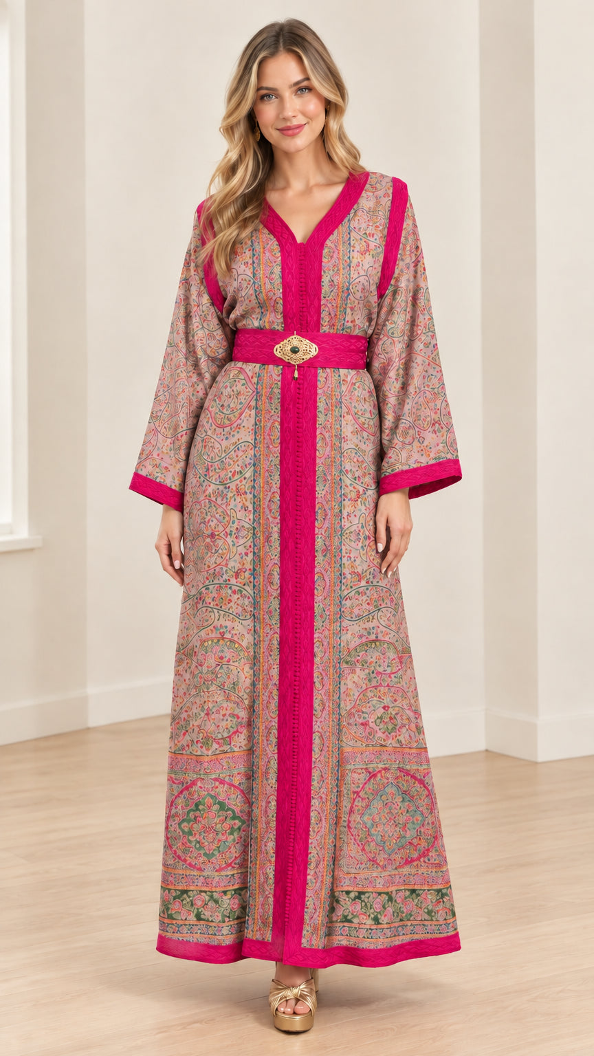 Dusty rose paisley print belted maxi kaftan dress with magenta contrast trim
