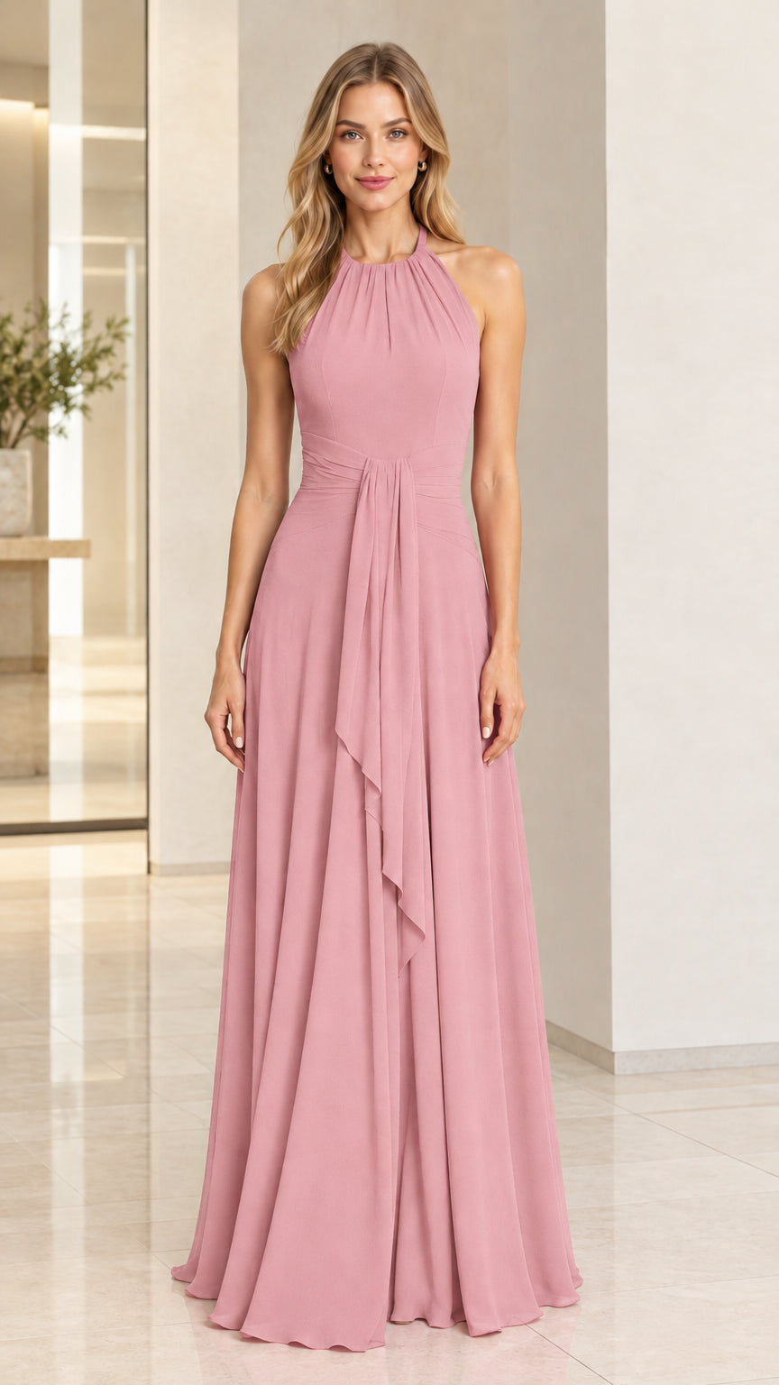 Model wearing a soft dusty pink halter neck formal bridesmaid maxi dress