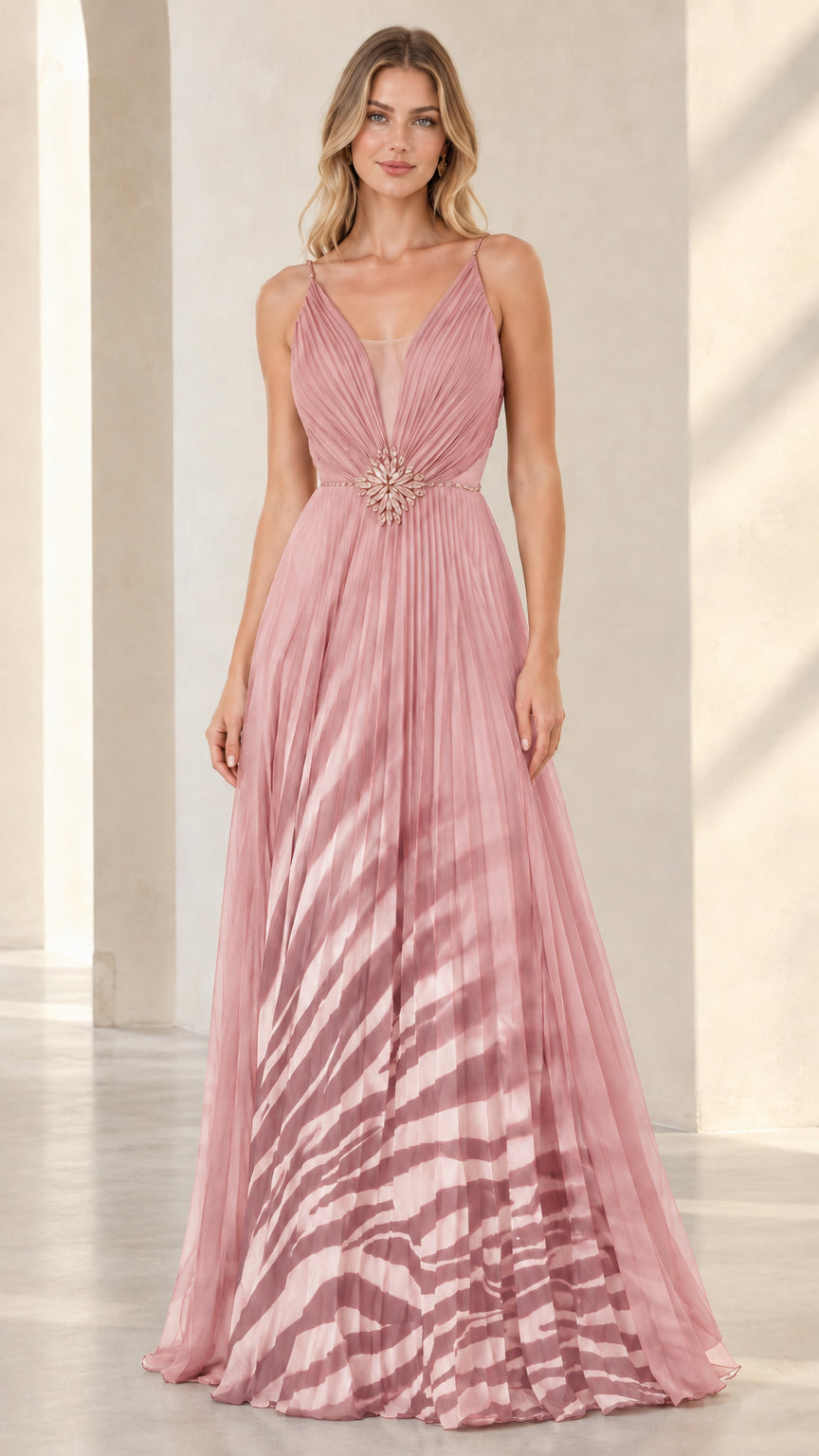 Blush pink pleated V-neck ombre zebra print maxi gown