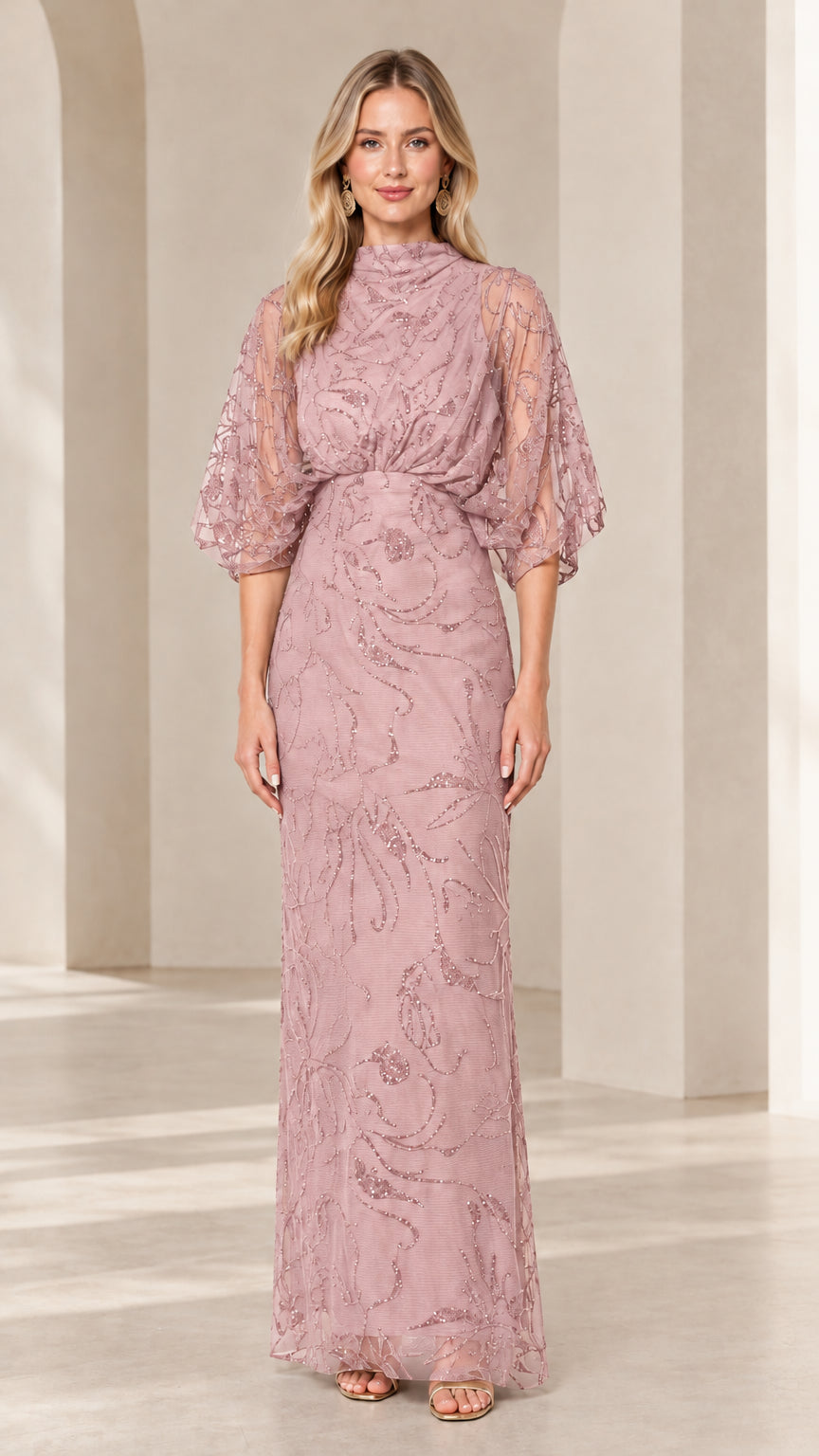 Dusty Rose high-neck beaded mesh maxi evening gown on model