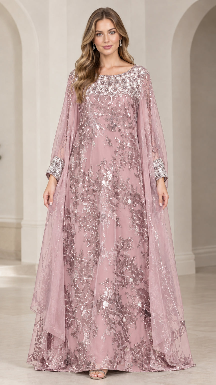Front view of blush pink sequin cape sleeve formal dress