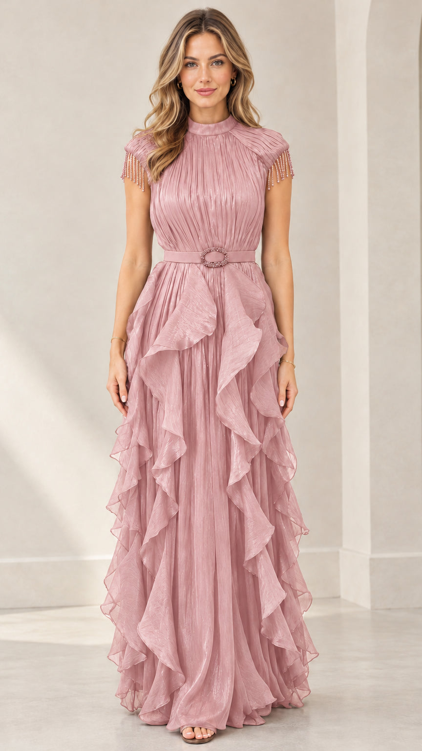 Front view of woman wearing dusty rose pink pleated tiered ruffle evening maxi gown