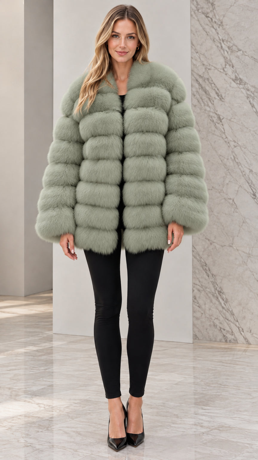 Front view of model wearing sage green collarless faux fur jacket