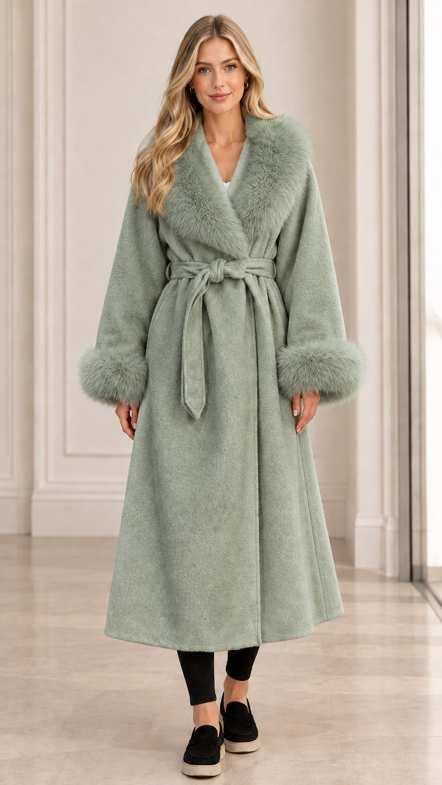 Front view of women's sage green belted long wrap coat with matching faux fur collar