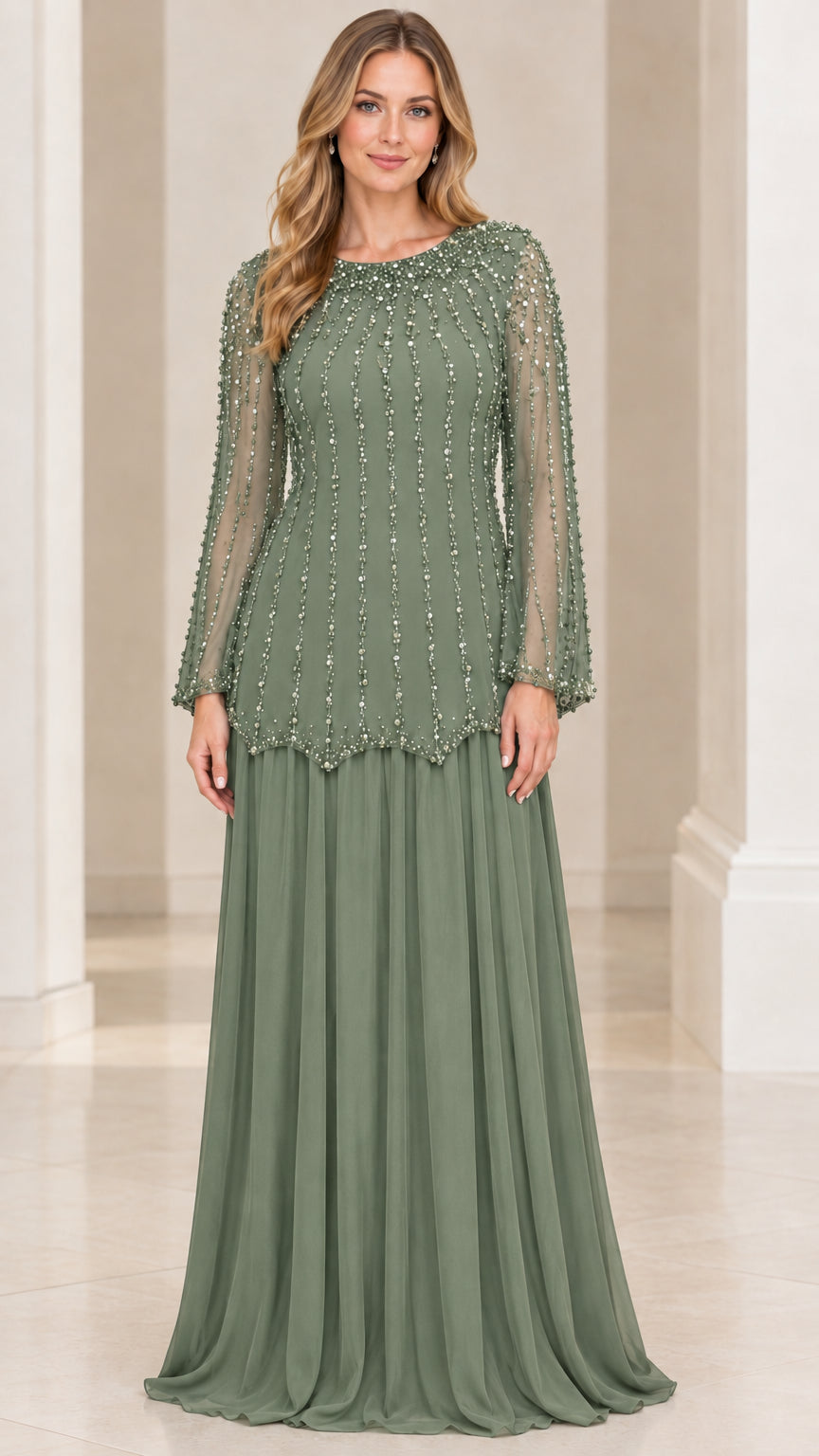 Front view of woman wearing Sage Green beaded long sleeve evening gown