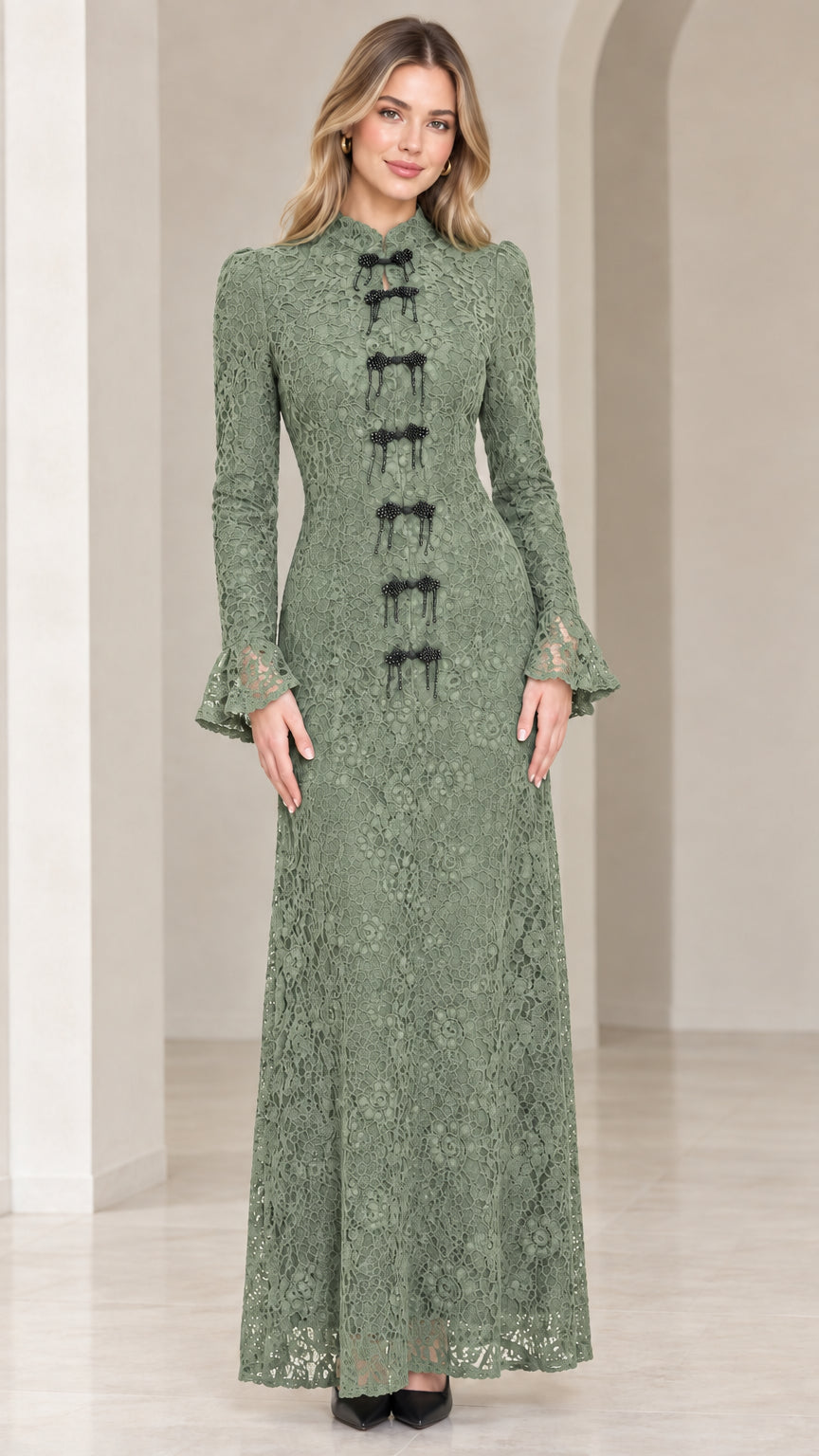 Front view of model wearing sage green mandarin collar lace maxi dress