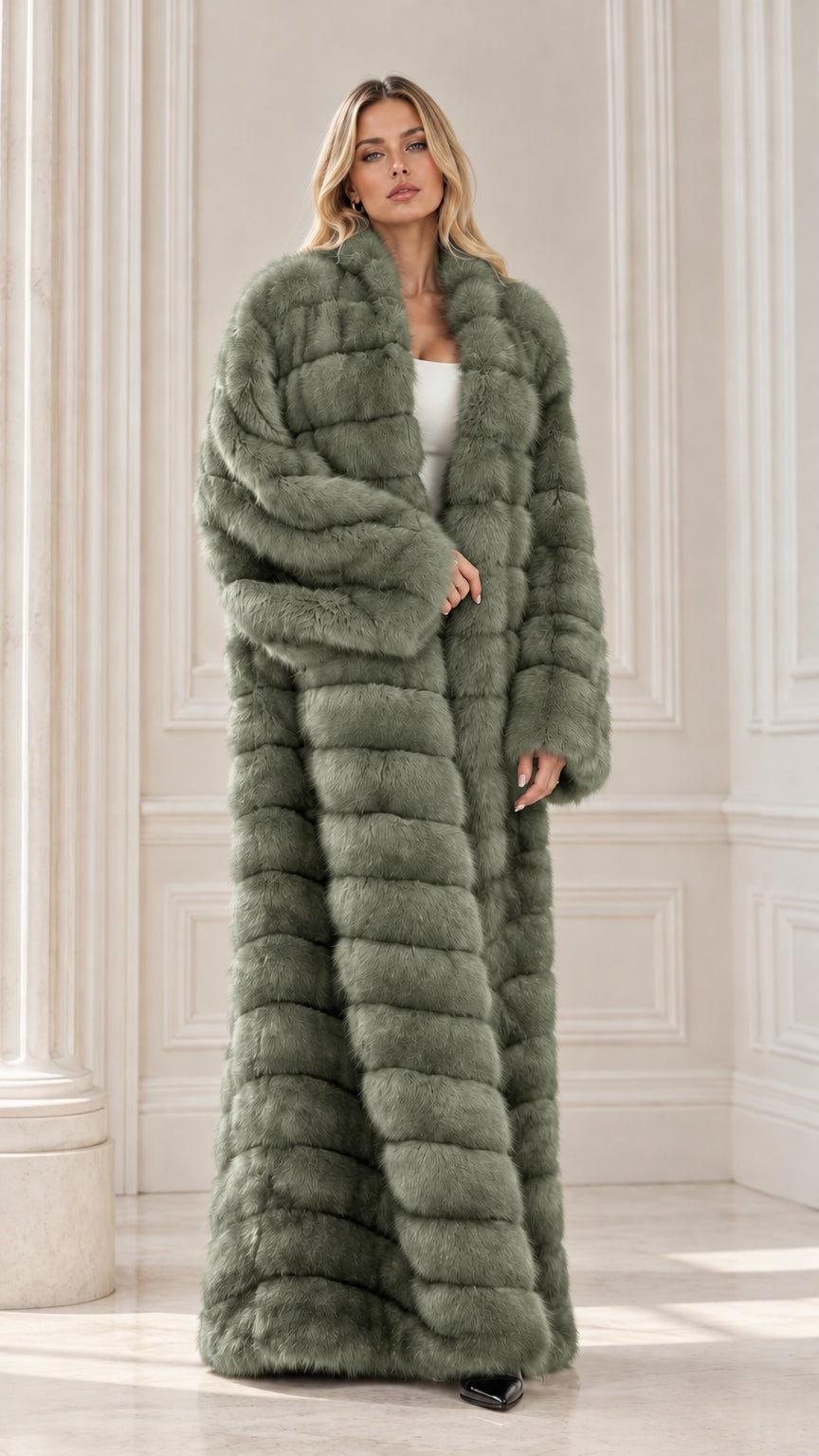 Full-length sage green ribbed plush faux fur maxi coat