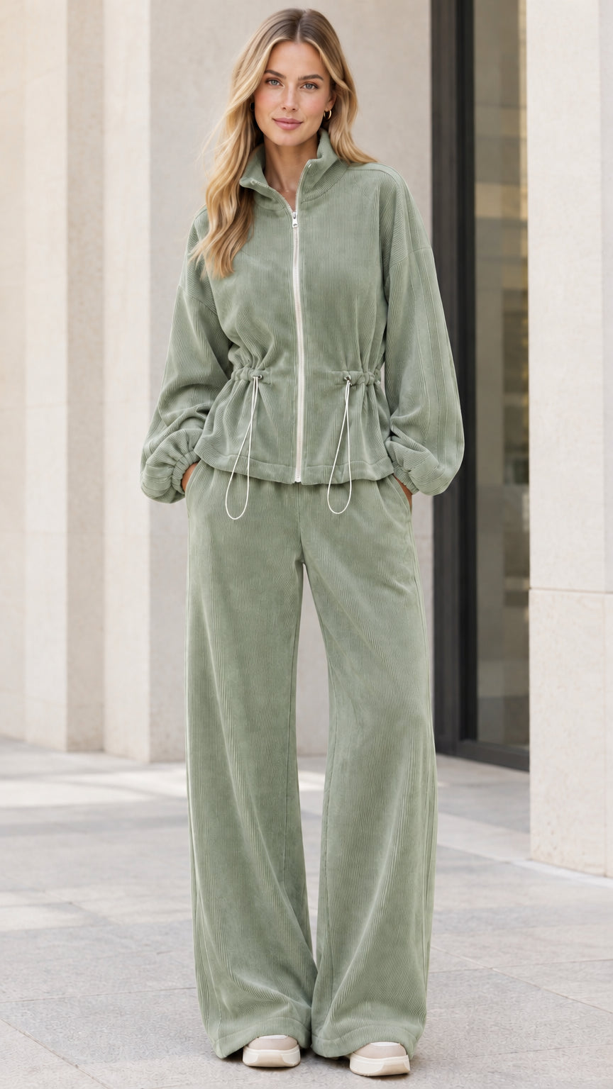 Model wearing sage green ribbed zip-up jacket and wide leg lounge pants set