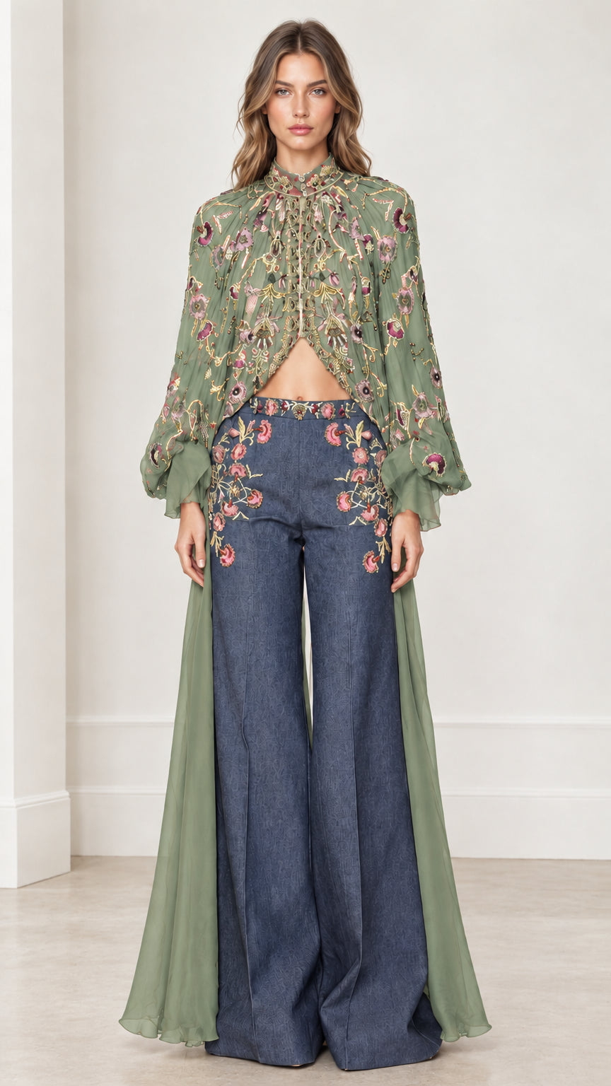 Front view of sage green floral embroidered cape duster set