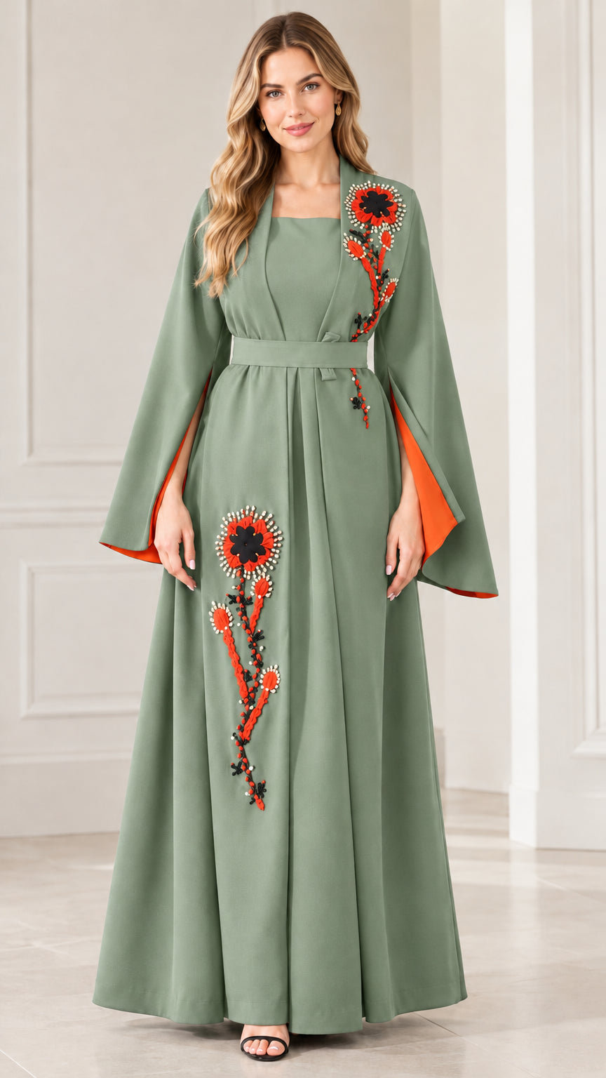 Full-length view of woman wearing Sage Green embroidered bell sleeve maxi dress