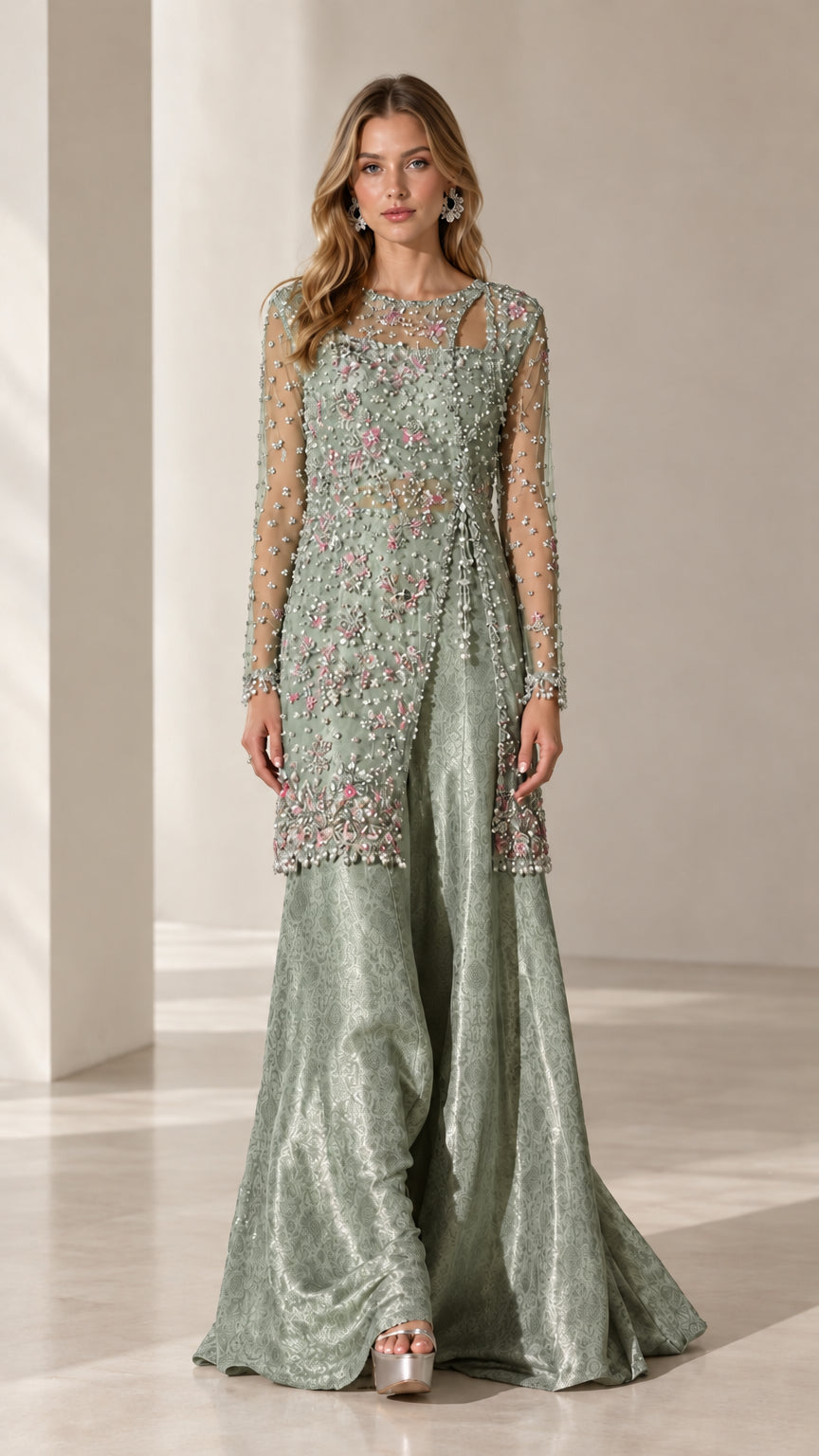 Model wearing sage green embellished longline tunic and matching wide-leg pants