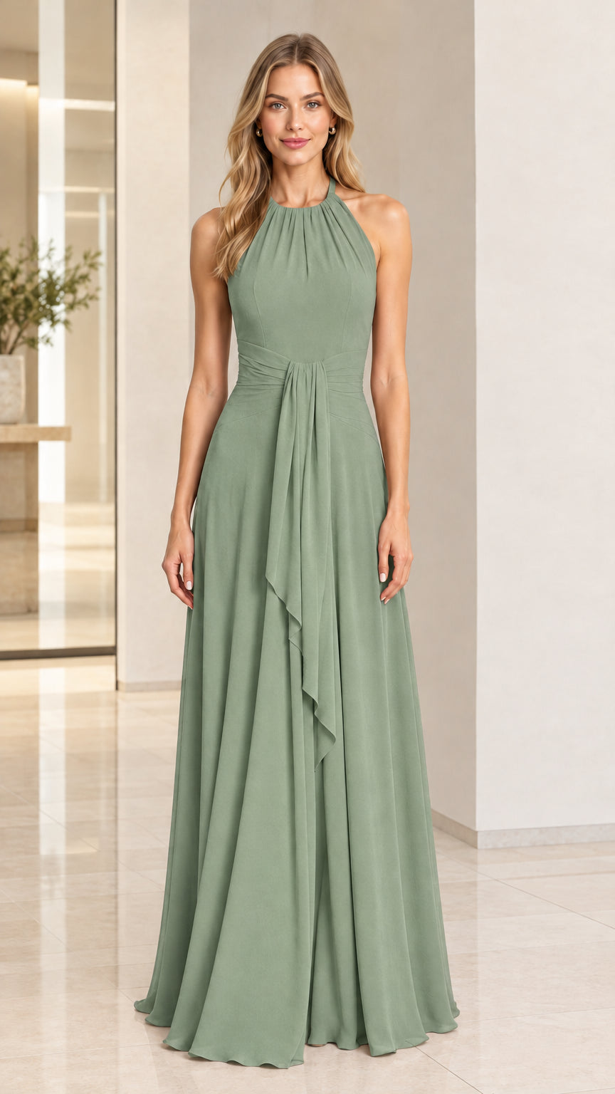 Model wearing an elegant sage green halter neck floor-length formal gown