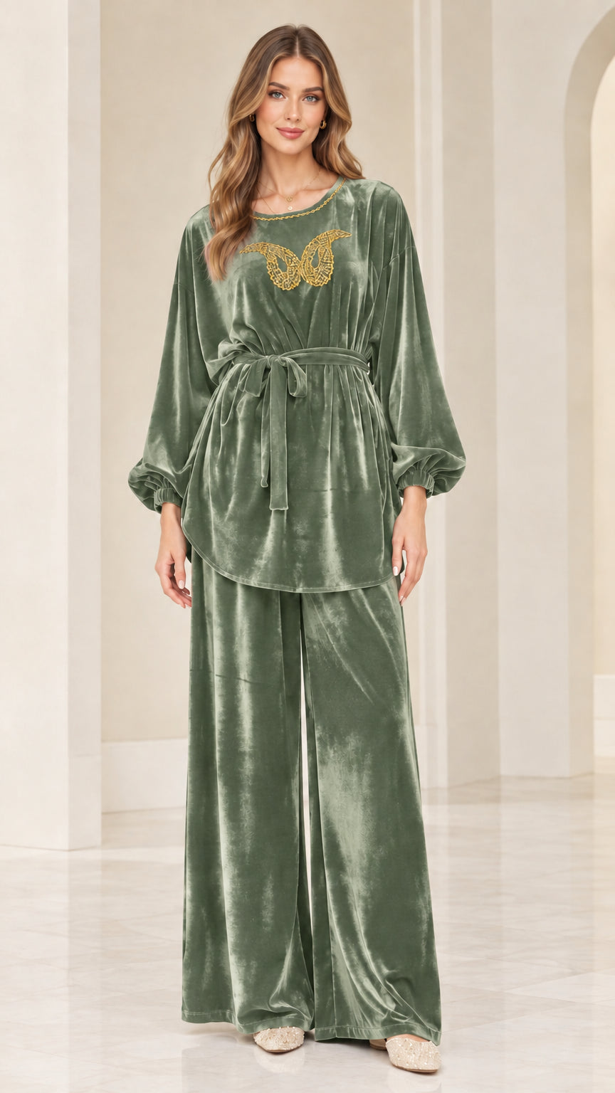Front view of sage green velvet embellished matching two piece pants set