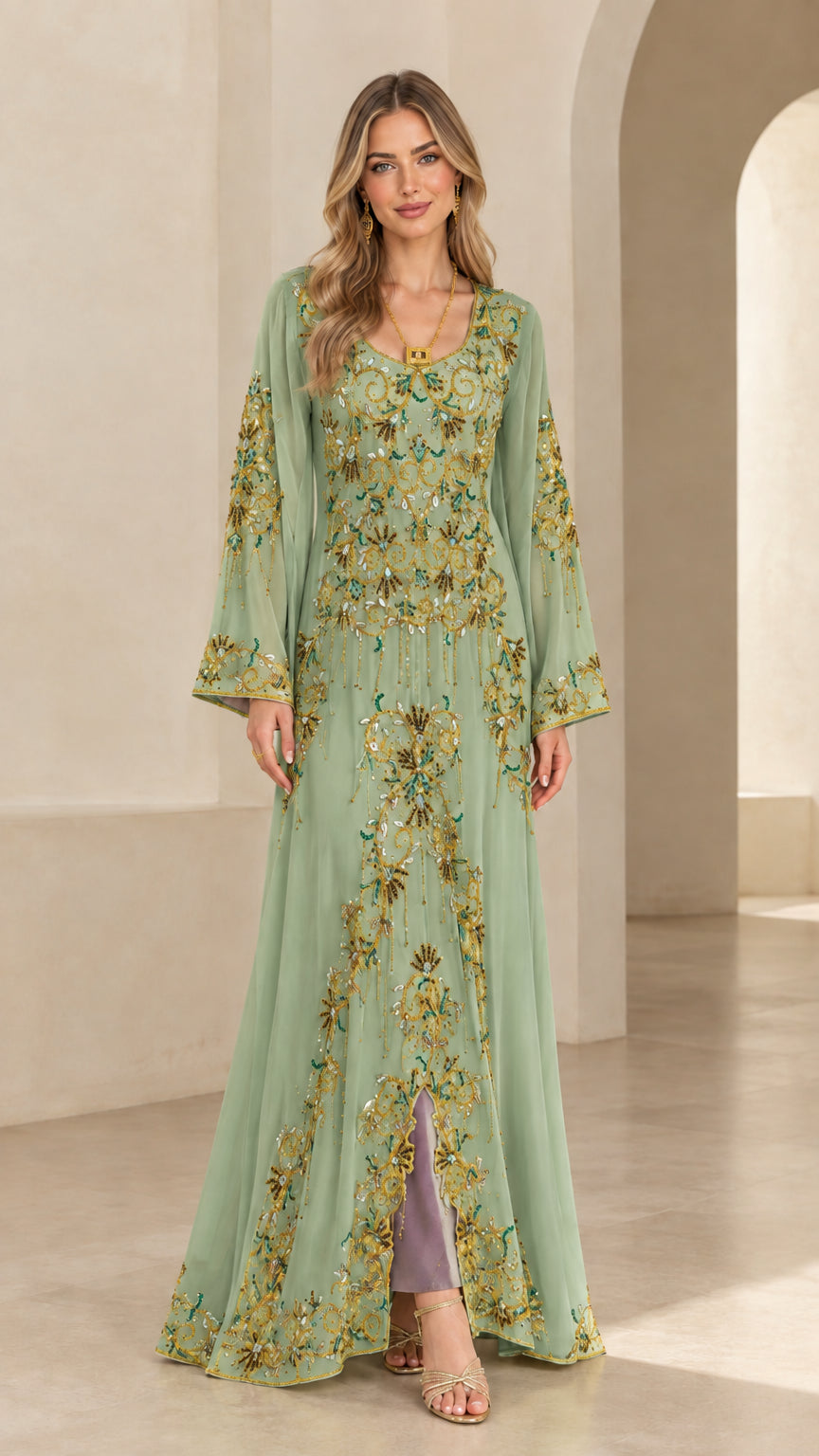 Front full-length view of sage green beaded formal maxi dress
