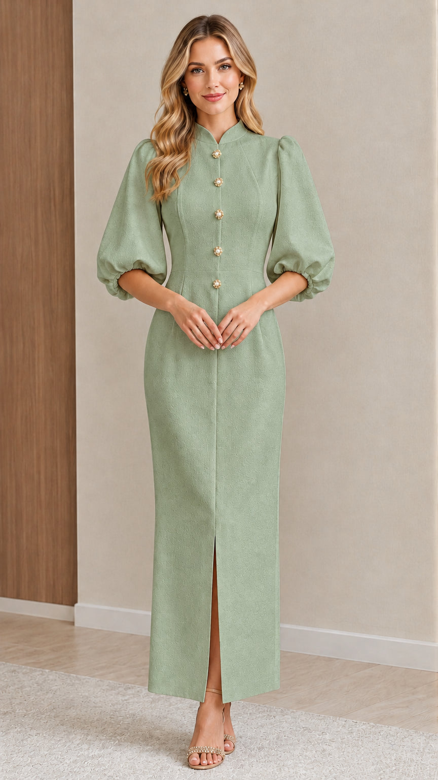 Front view of model wearing the Sage Green mandarin collar puff sleeve maxi dress
