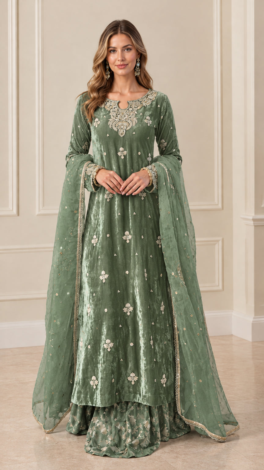 Front view of Sage Green embroidered velvet ethnic suit ensemble