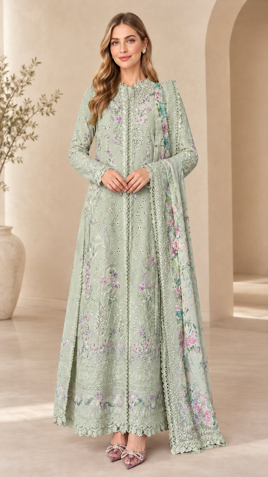 Sage Green floral embroidered lace maxi dress and coordinating drape