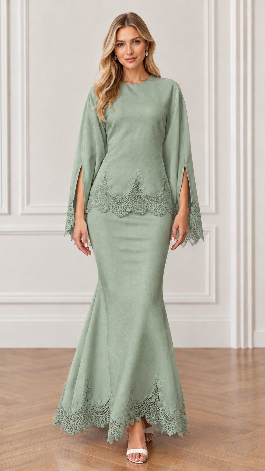 Front view of sage green scalloped lace mermaid evening dress
