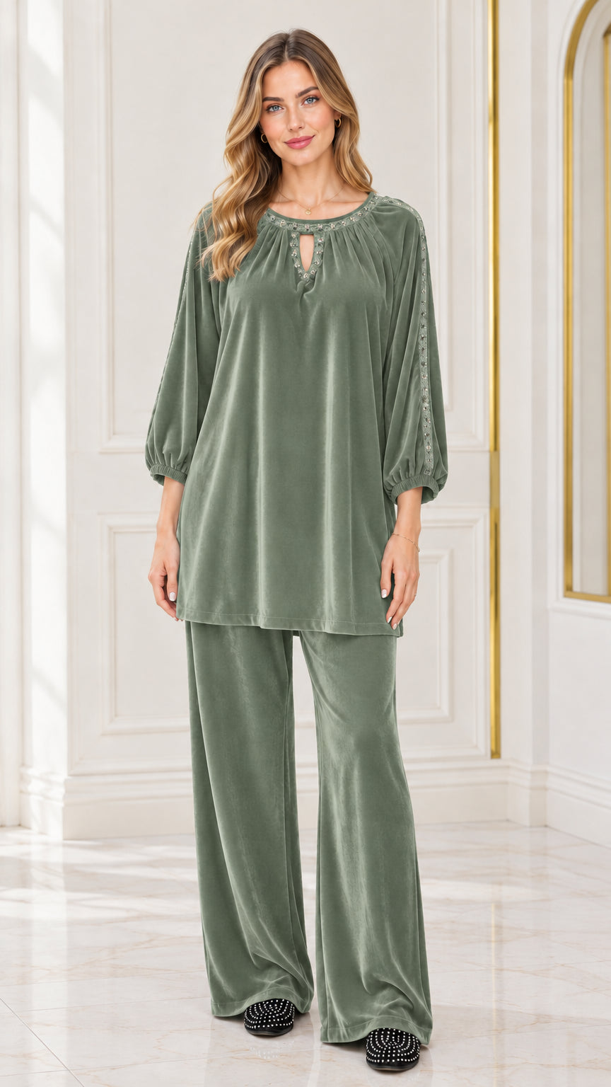 Front view of woman wearing Sage Green velvet 2-piece set