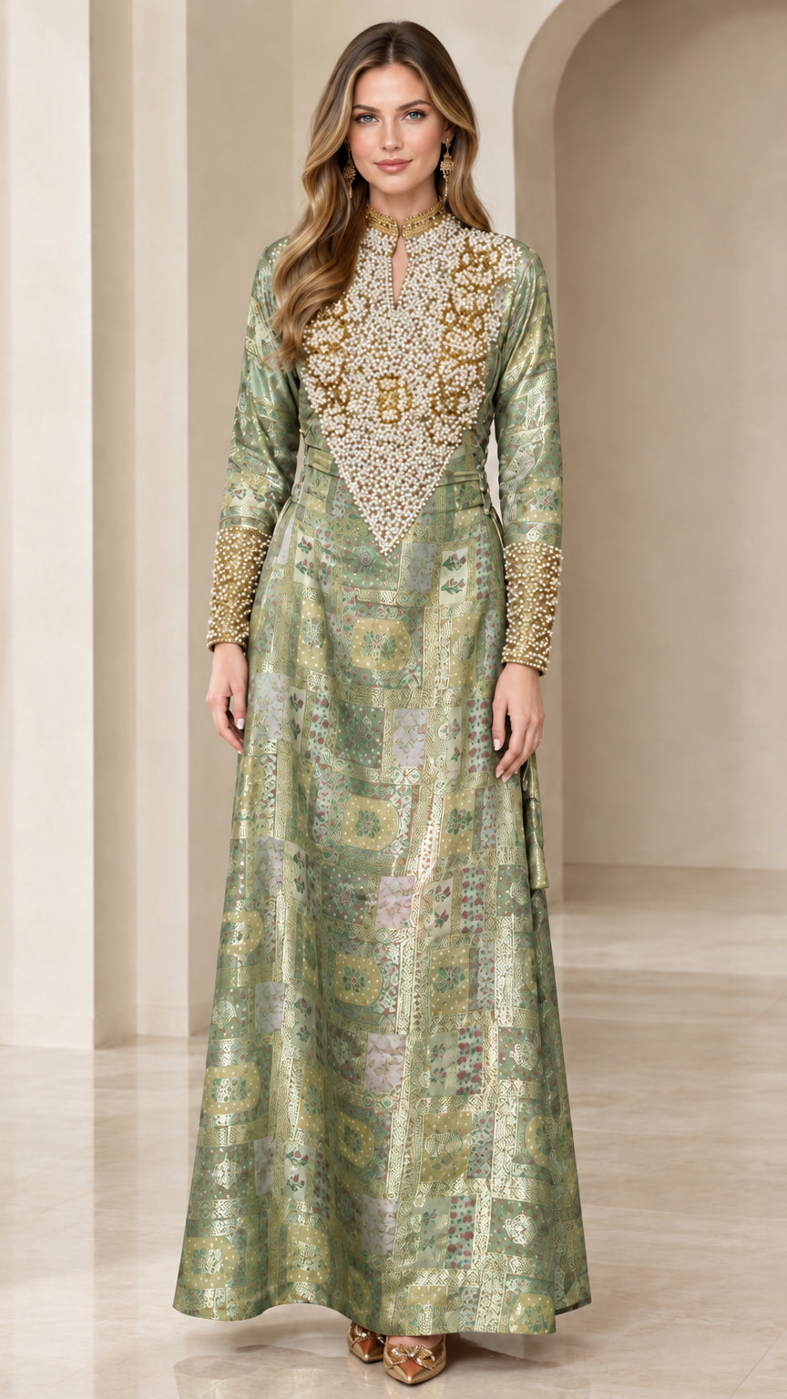 Sage green pearl-embellished long sleeve maxi dress