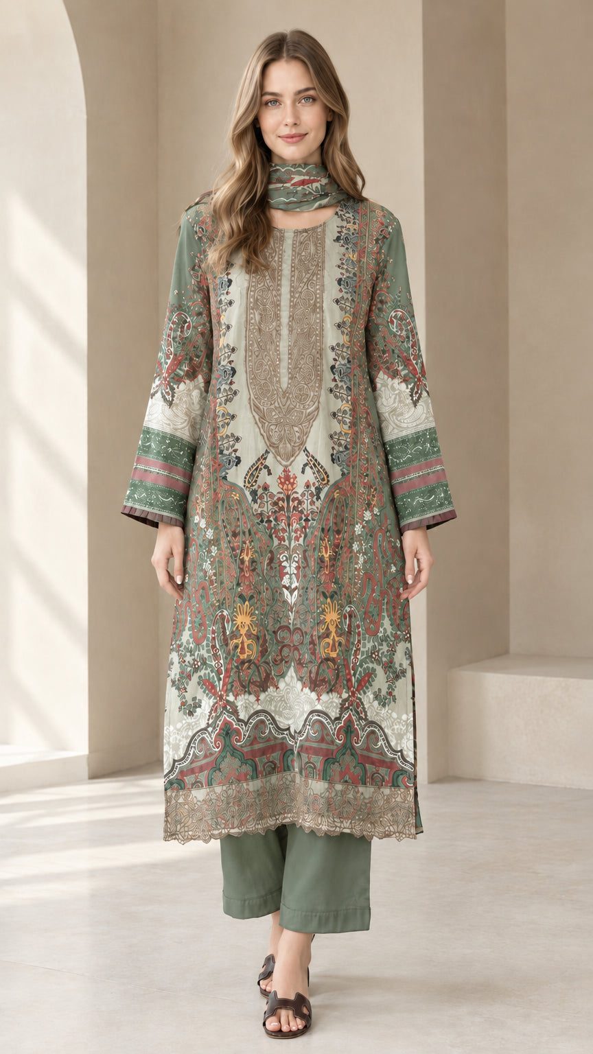 Front view of sage green paisley printed tunic and trouser set with scarf