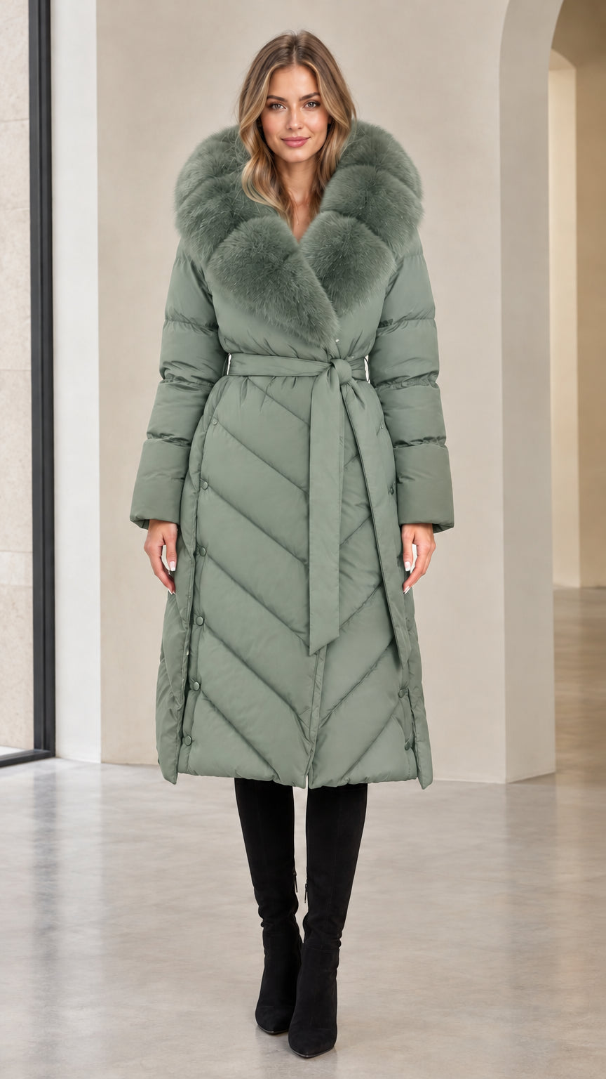 Full-length view of woman in sage green chevron quilted long puffer coat with fur hood