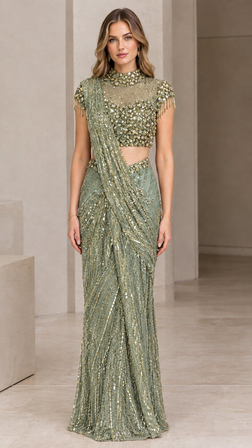 Sage Green embellished mock neck crop top and pre-draped saree skirt set