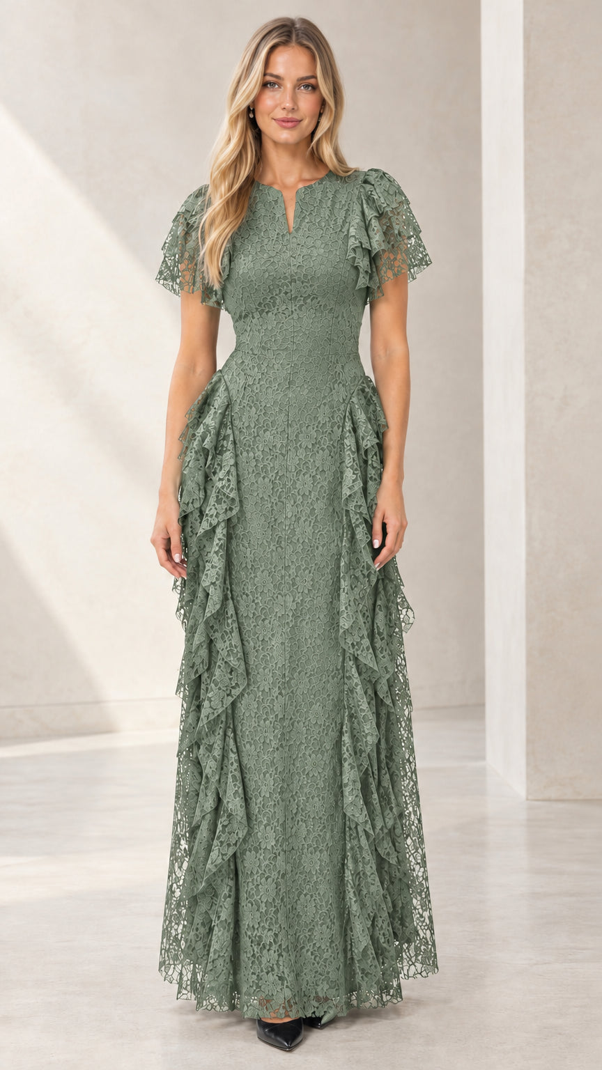 Woman wearing Sage Green floral lace tiered flutter sleeve evening gown
