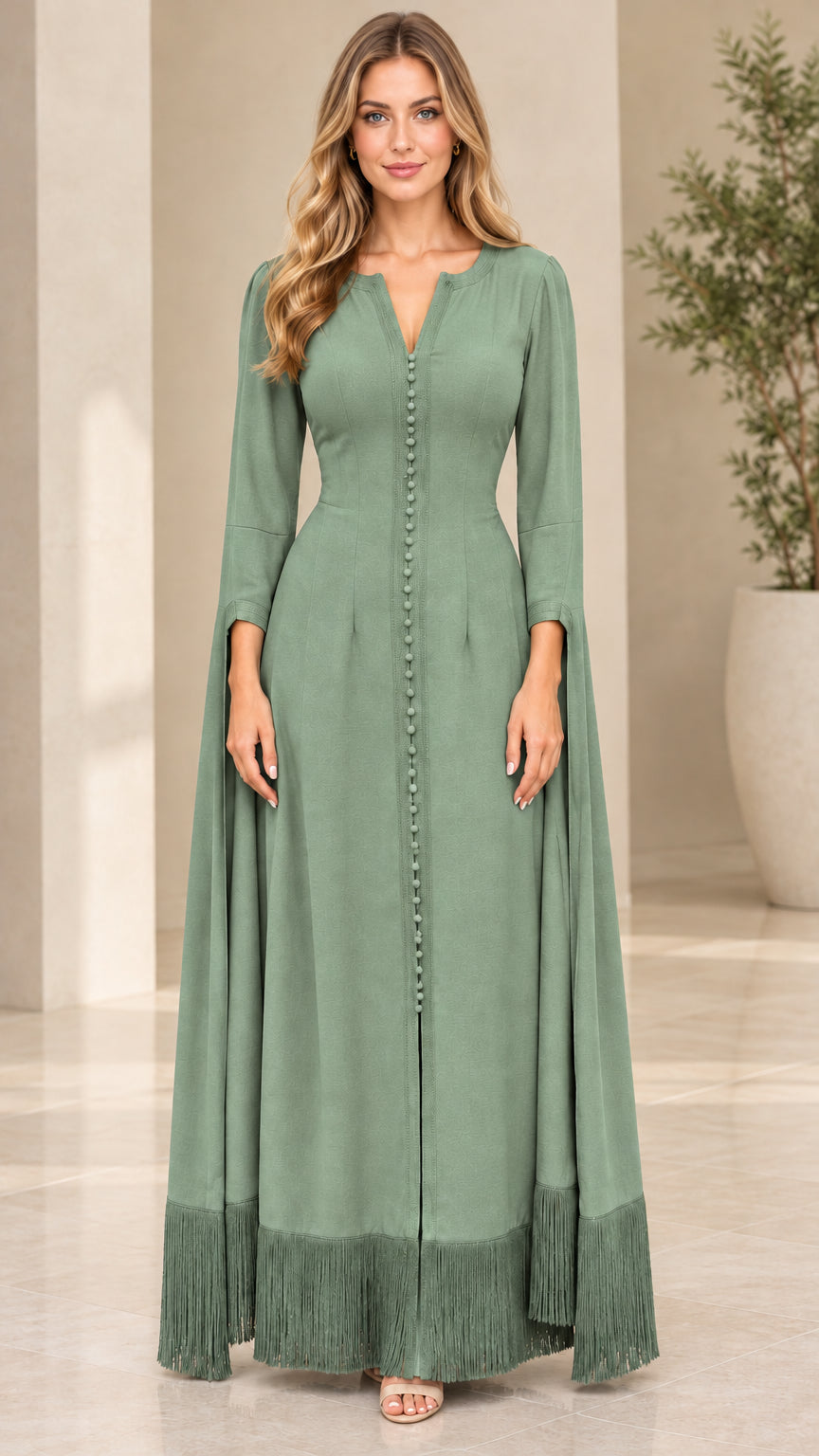 Sage green floor-length split sleeve gown with button detailing