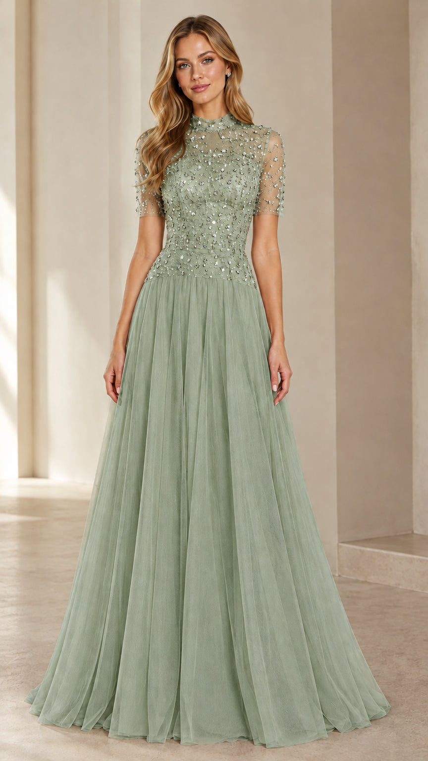 Sage Green short sleeve beaded tulle floor-length formal gown