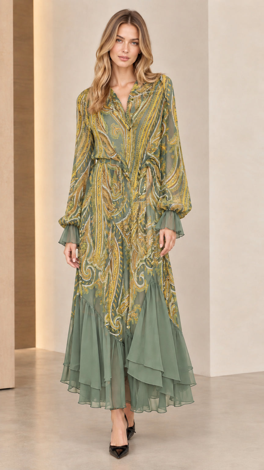 Model wearing Sage Green paisley print long sleeve chiffon maxi dress