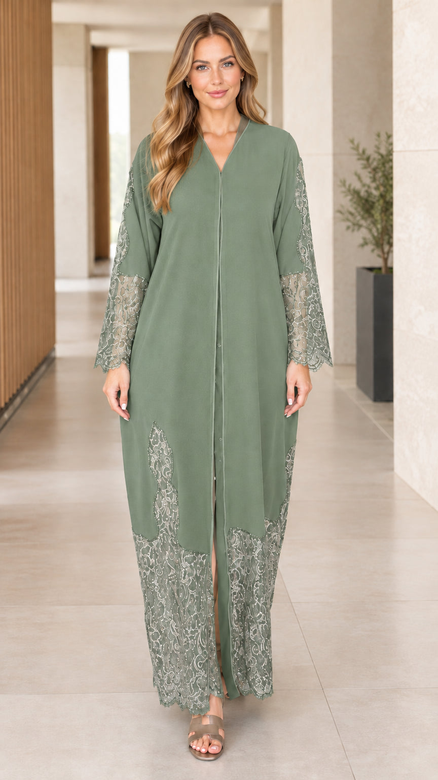 Sage green relaxed fit modest abaya dress with lace trim