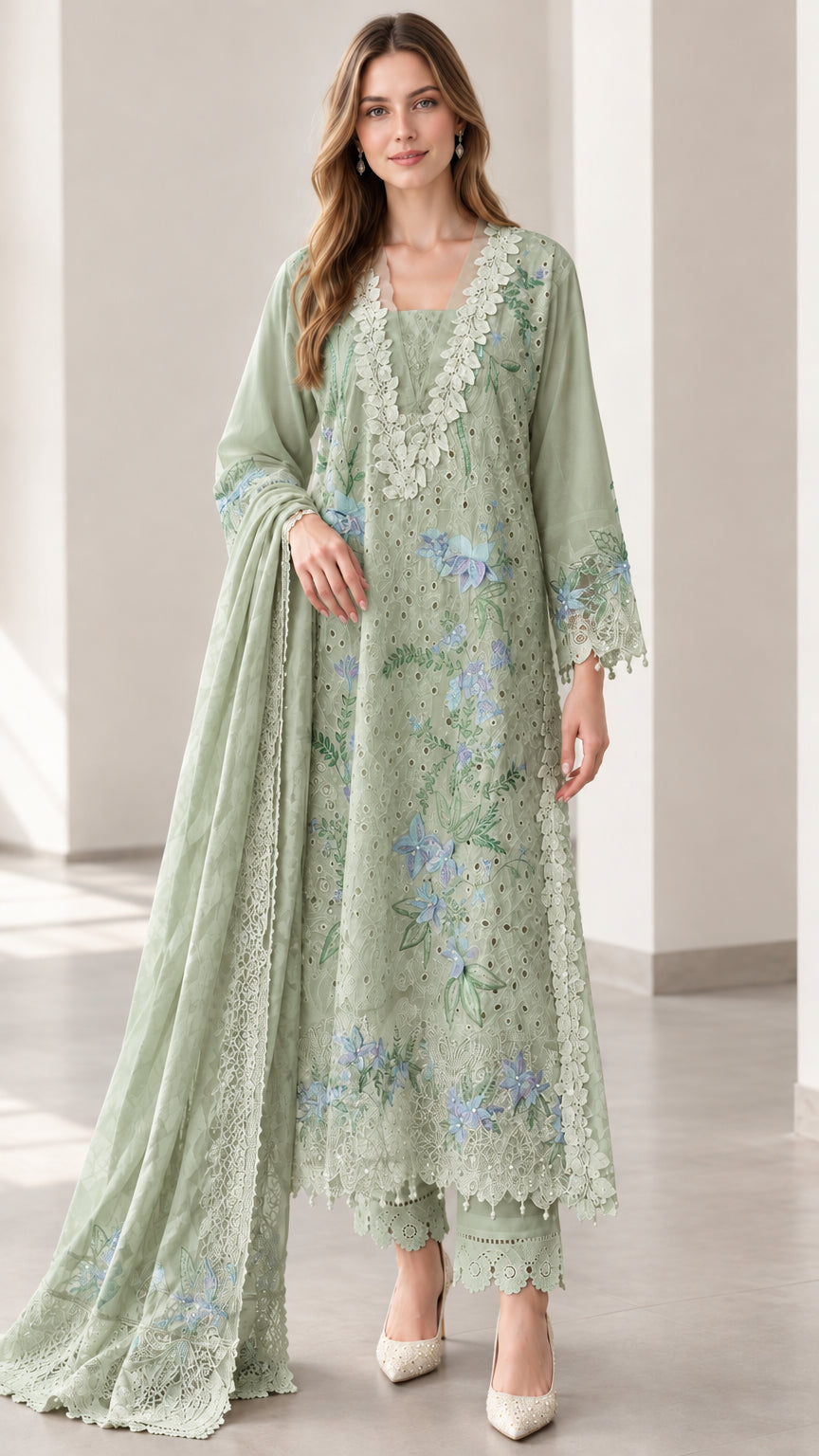 Front view of sage green floral embroidered 3-piece tunic and pant set
