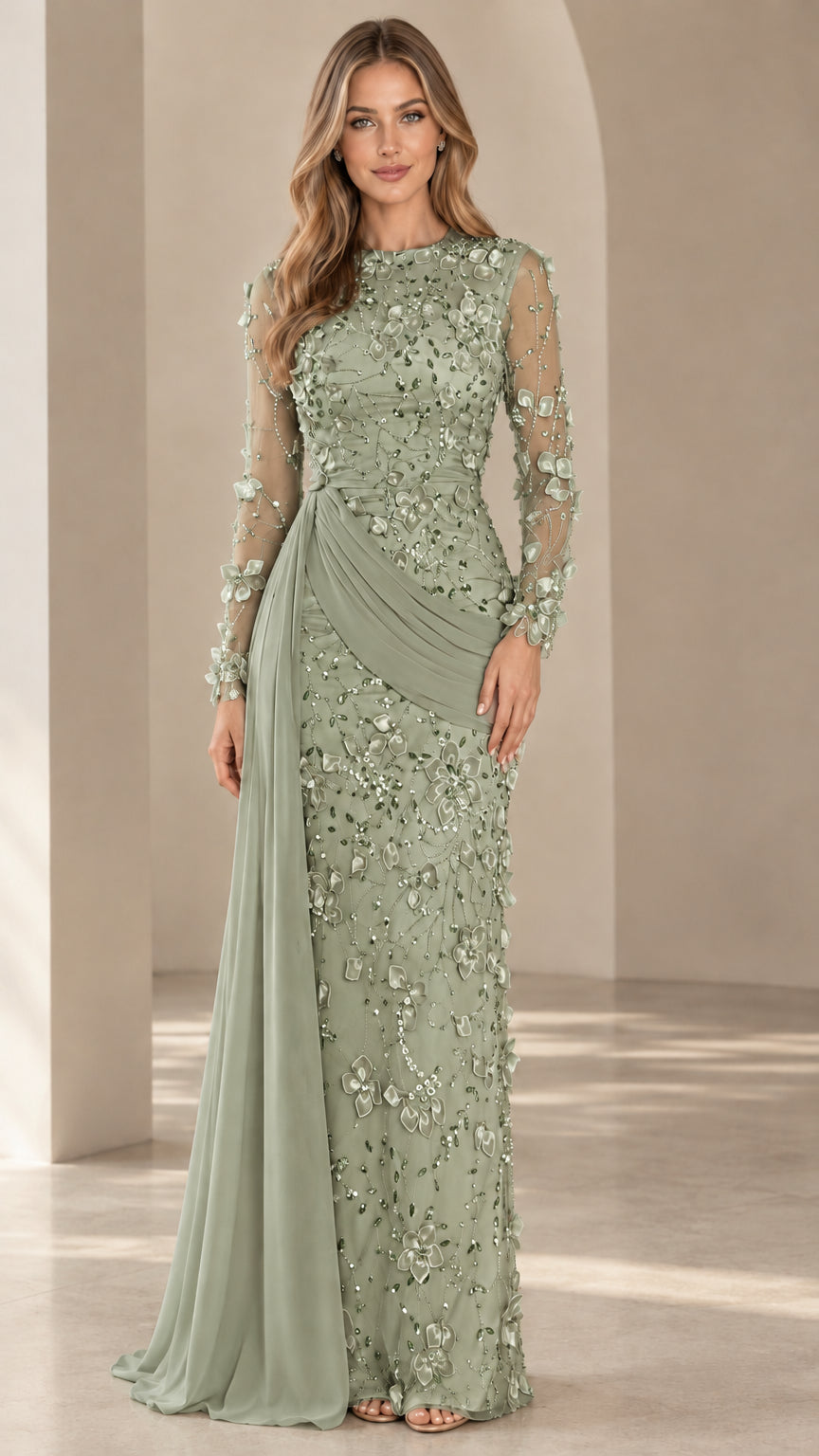 Sage Green long sleeve floral applique evening gown with draped waist detail