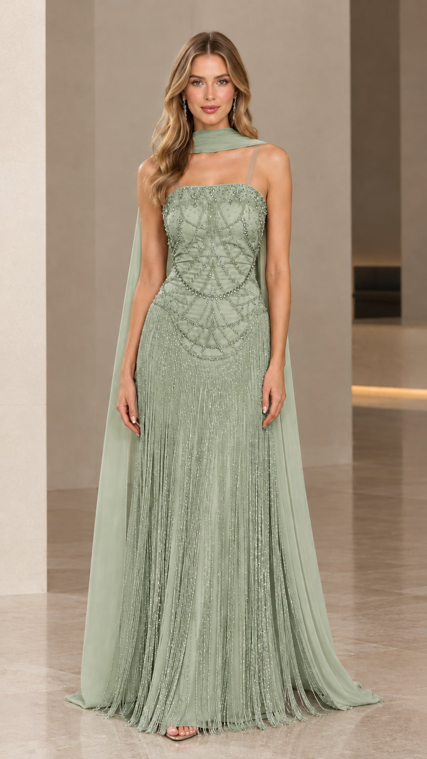 Front view of Sage Green beaded fringe maxi evening gown with cape