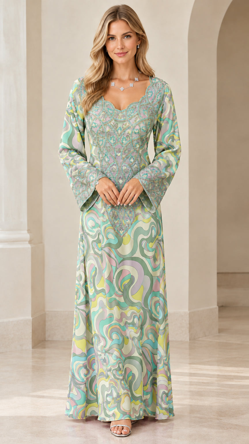 Front full-length view of model in Sage Green swirl print embellished maxi dress