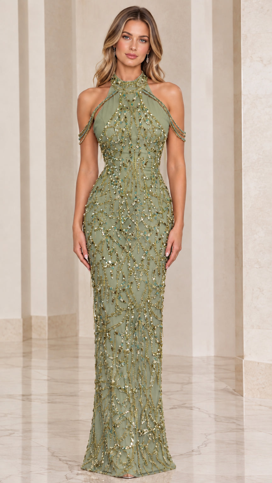 Sage Green sequined halter neck evening gown