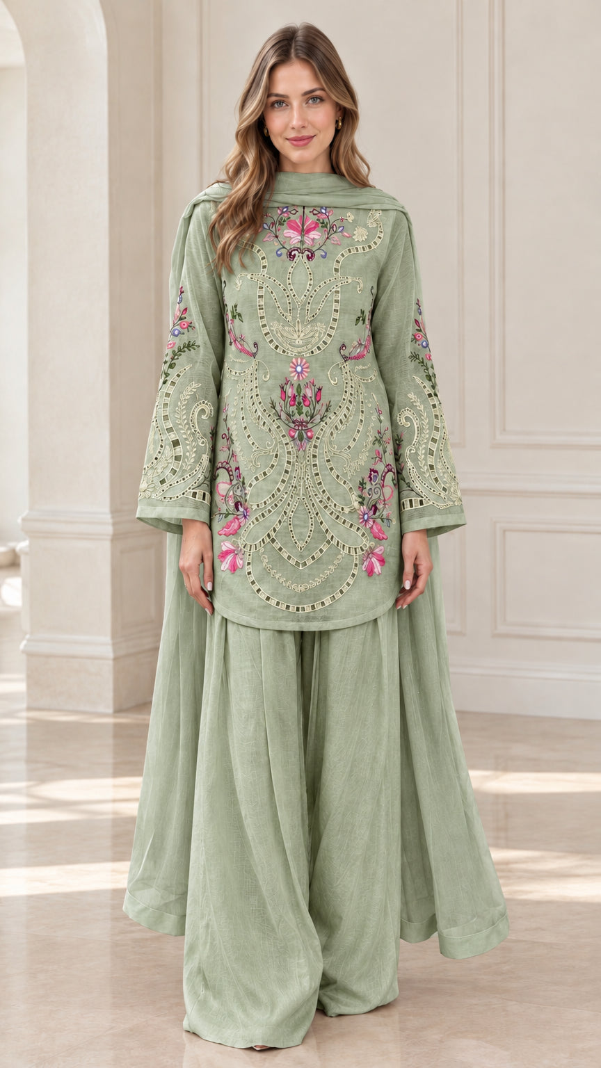 Woman wearing Sage Green floral embroidered kurti palazzo set