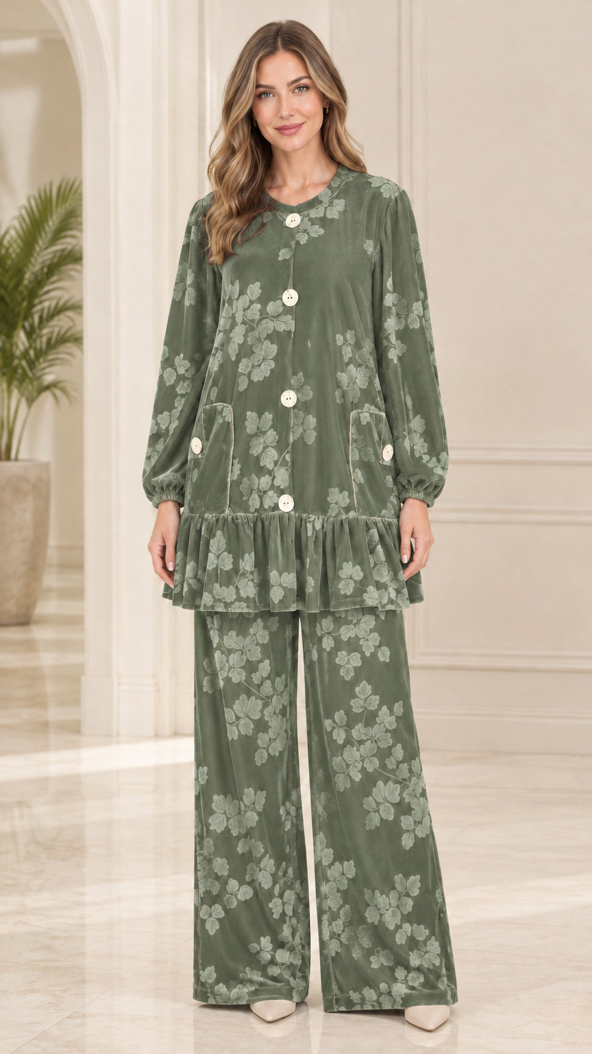 Front view of model wearing sage green floral embossed velvet tunic and wide leg pants set